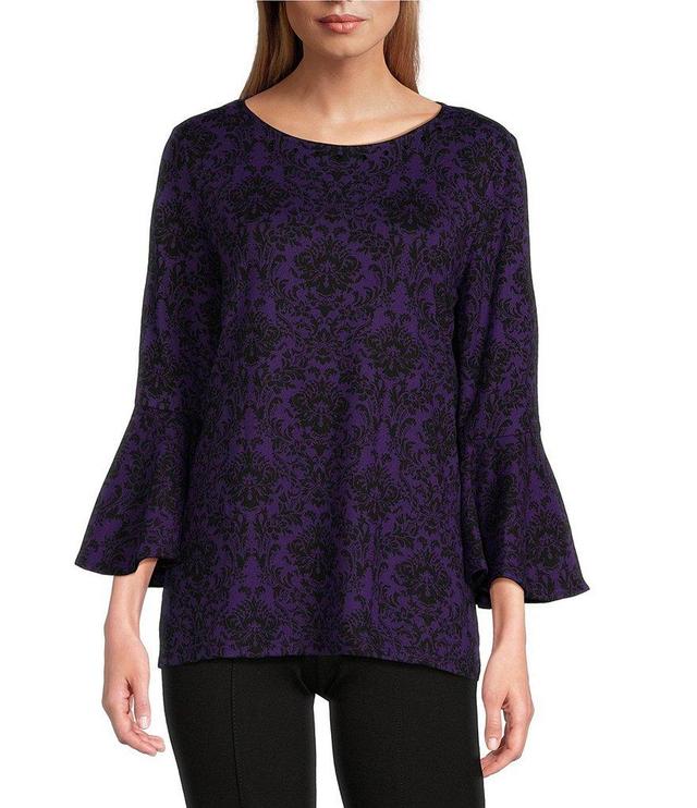 Slim Factor by Investments Baroque Tile Print Crew Neck 3/4 Flare Sleeve Top Product Image