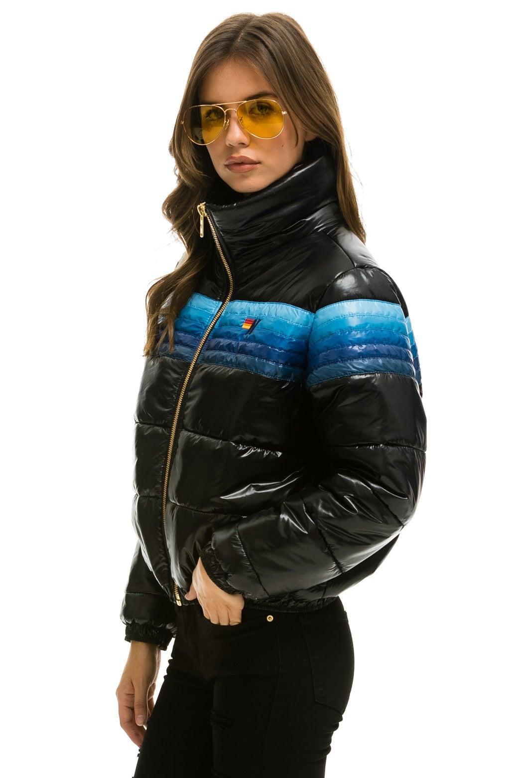 5 STRIPE LUXE APRES PUFFER JACKET - GLOSSY BLACK // BLUE STRIPES Female Product Image