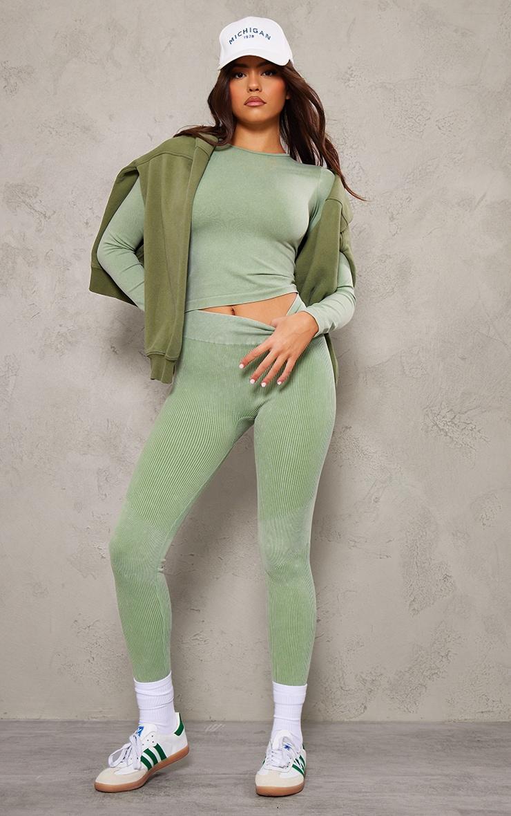 Khaki Acid Wash Seamless Long Sleeve Top Product Image