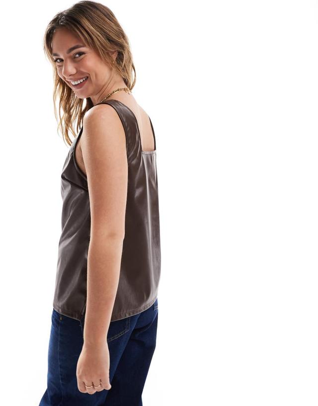 ASOS DESIGN faux leather tank top in brown Product Image