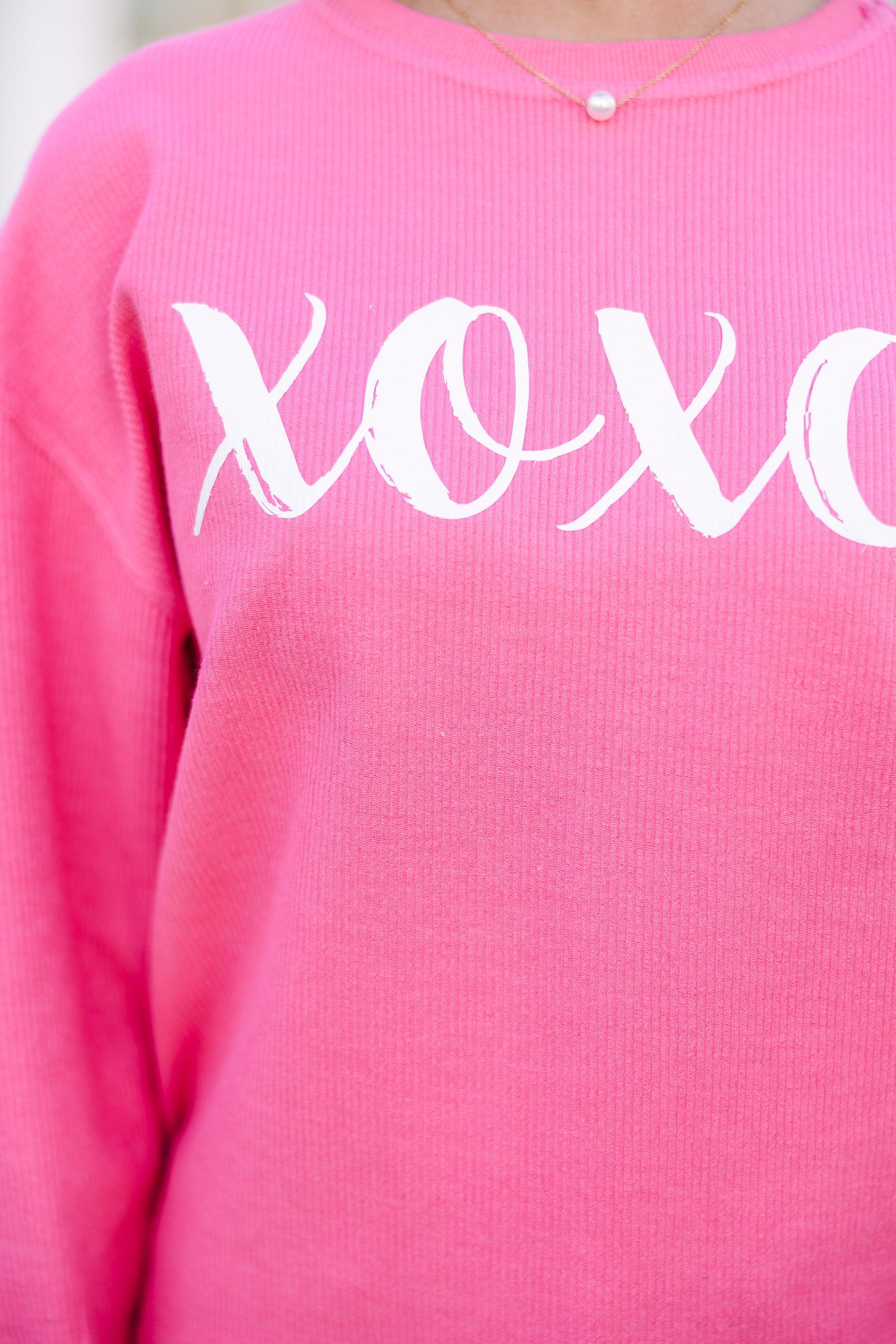 Hugs and Kisses Fuchsia Pink Graphic Corded Sweatshirt Female Product Image