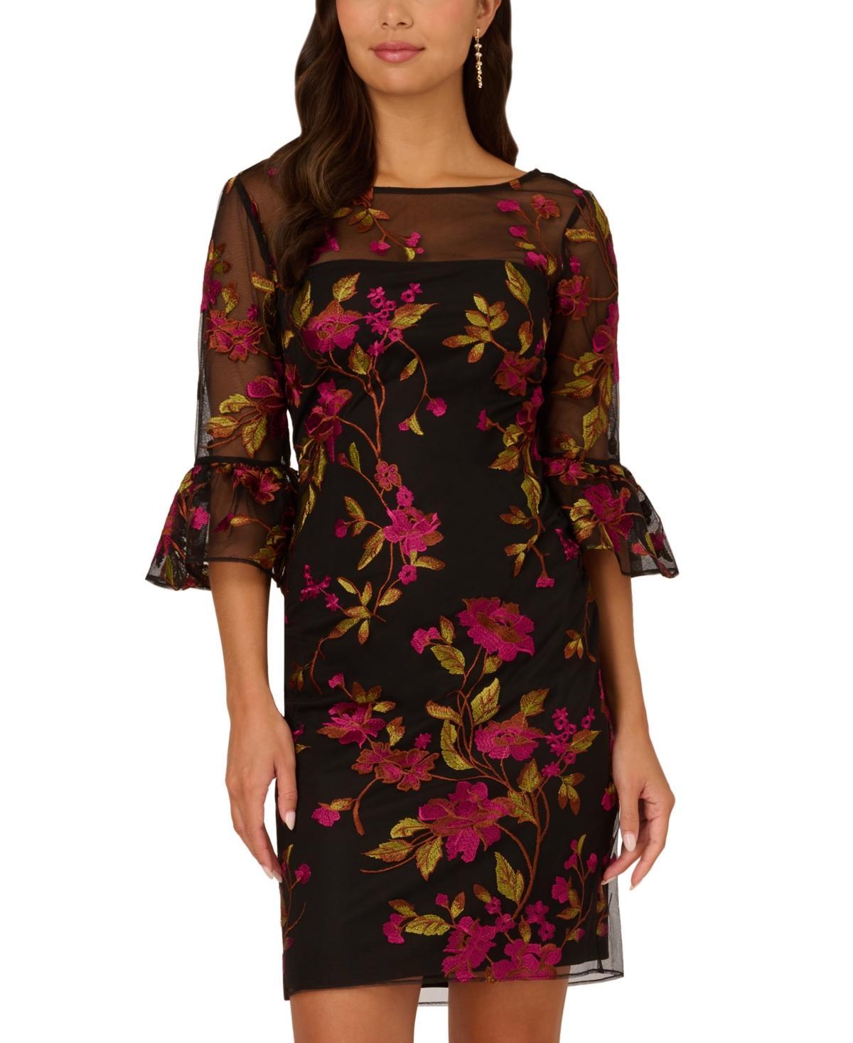 Adrianna Papell Womens Floral Embroidered Flare-Sleeve Sheath Dress Product Image