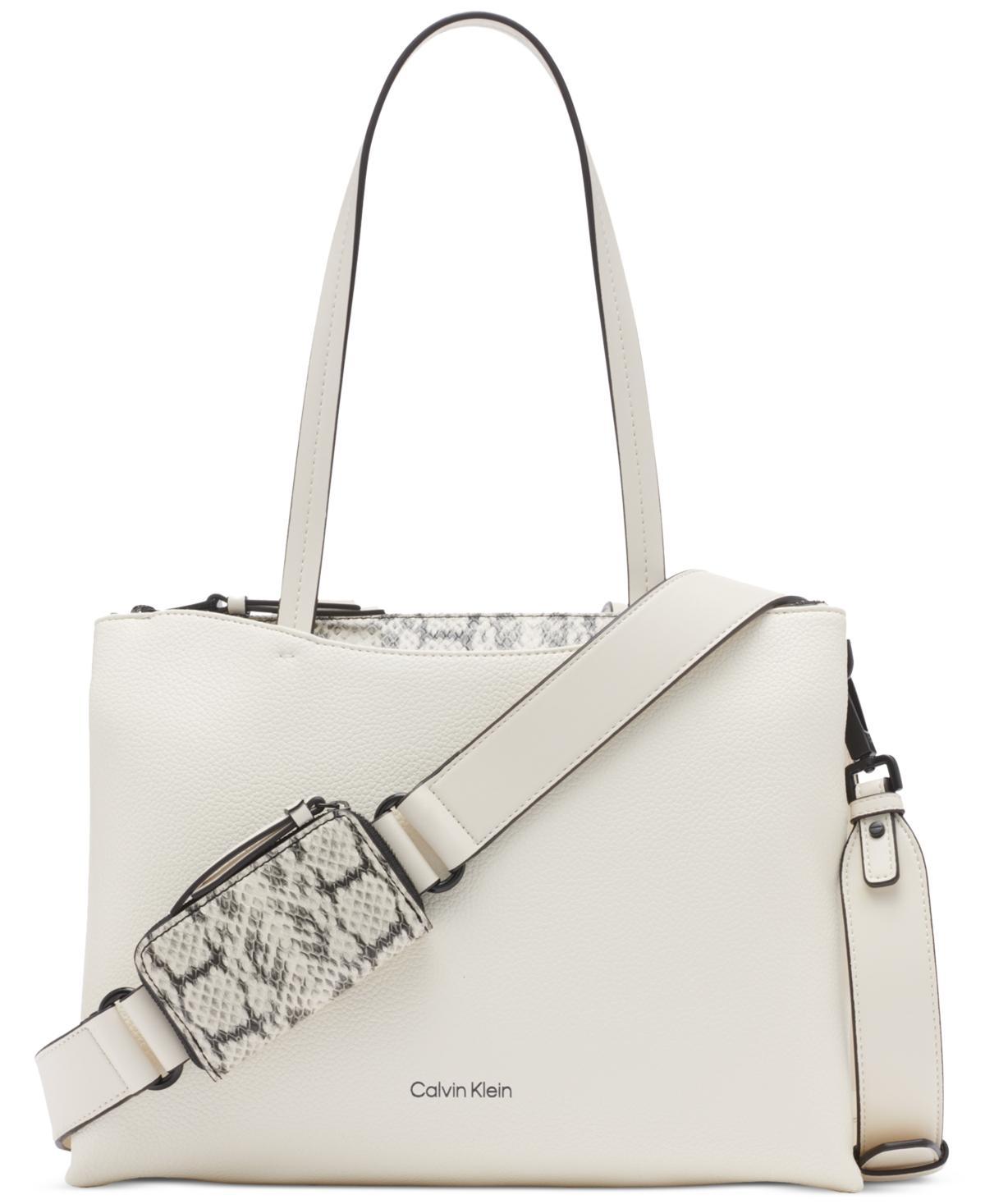 Calvin Klein Chrome Top Zipper Convertible Tote with Zippered Pouch - Cherub White Product Image