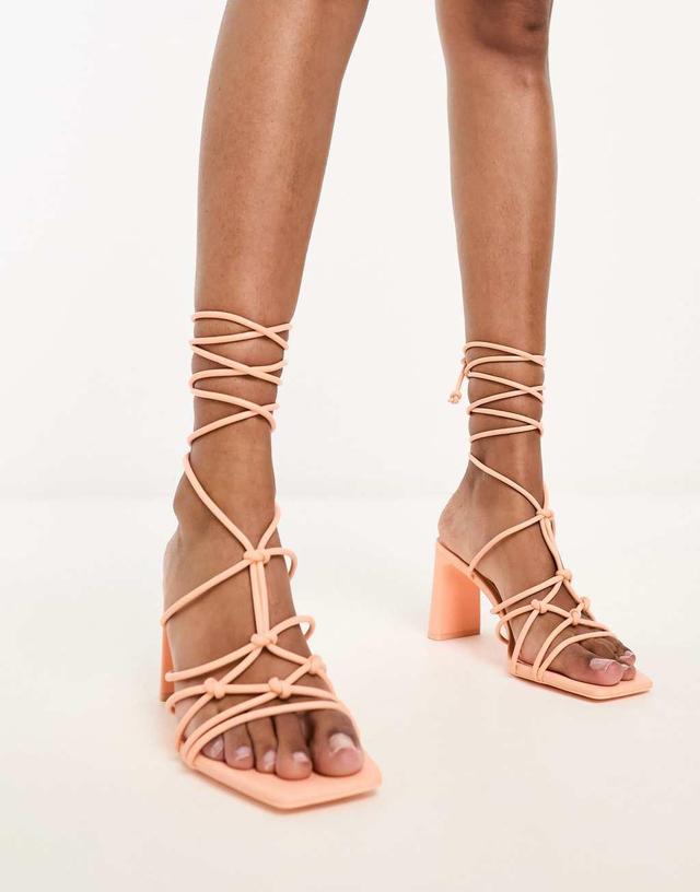 Stradivarius knot front strappy heeled sandal in orange  Product Image