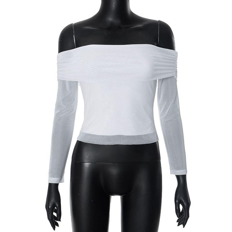 Long-Sleeve Off-Shoulder Plain Mesh Panel Crop Slim Fit Top Product Image