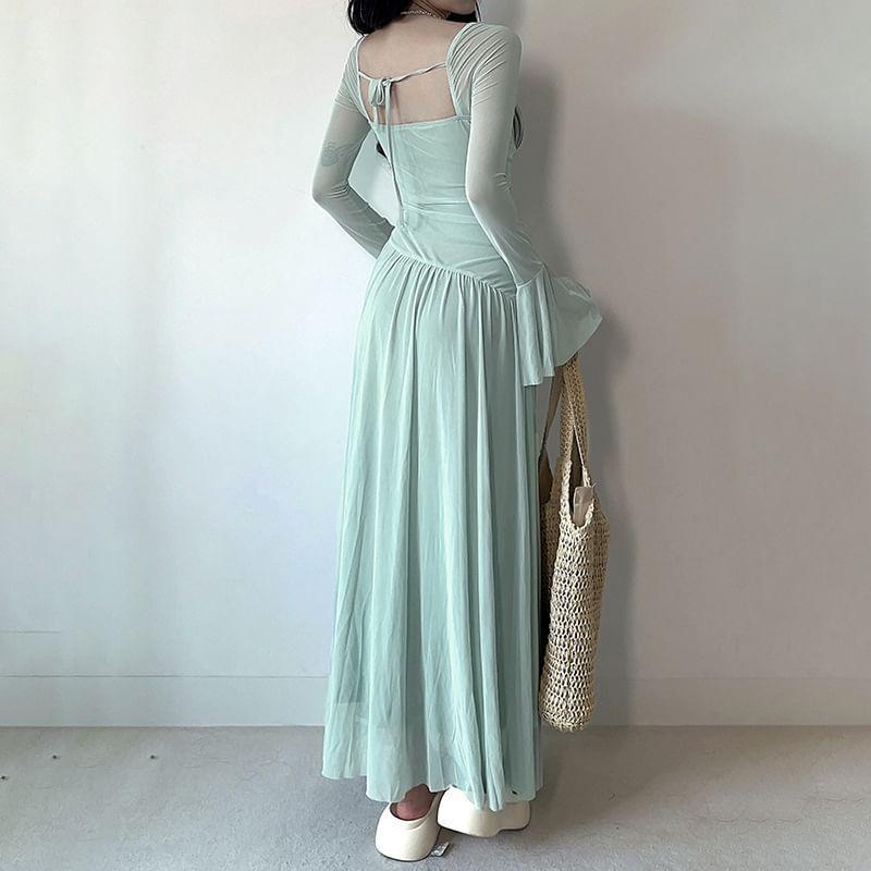 Long-Sleeve Queen Anne Neckline Plain Maxi A-Line Dress Product Image