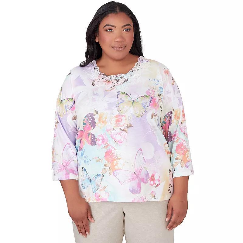 Plus Size Alfred Dunner Three Quarter Sleeve Butterfly Top, Womens Product Image