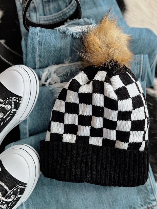 Fleece Lined Black & White Checkered Beanie Product Image