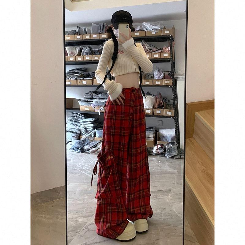 High Waist Plaid Wide Leg Cargo Pants Product Image