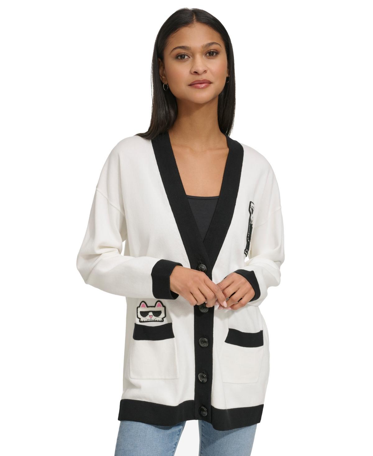 Karl Lagerfeld Paris Womens Varsity Logo-Patch Button Cardigan - Soft White/ Product Image