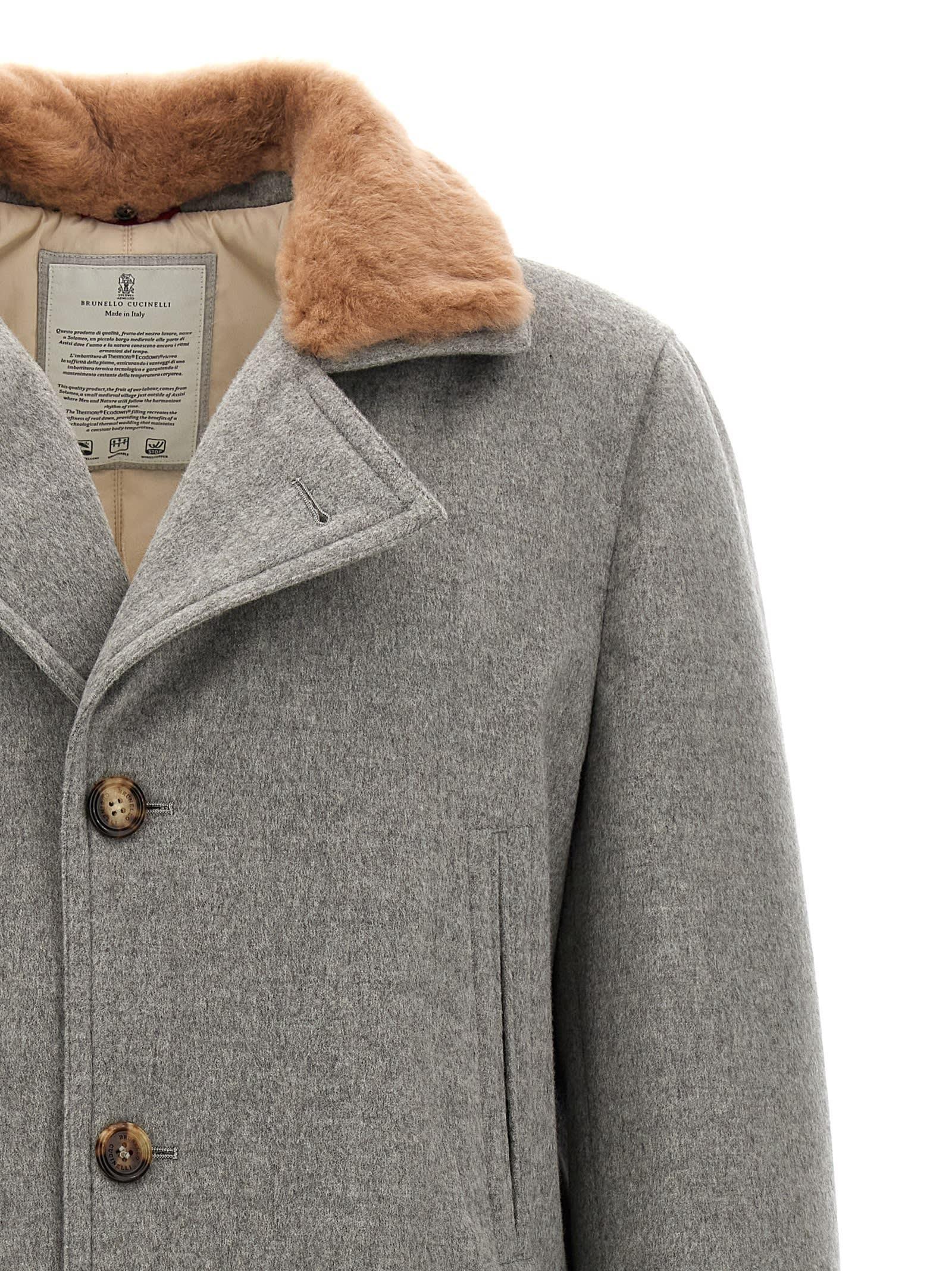 BRUNELLO CUCINELLI Cashmere Coat With Shearling Collar In Grey Product Image