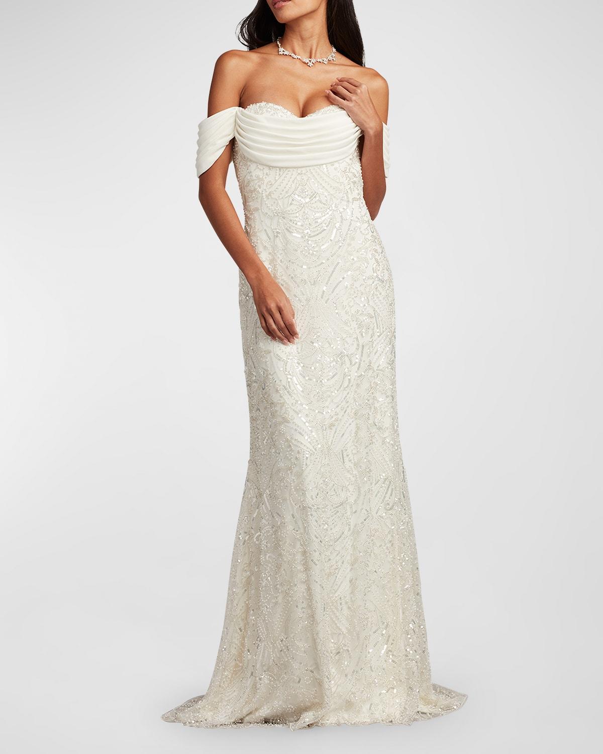 Off-Shoulder Bead & Sequin Crepe Gown Product Image