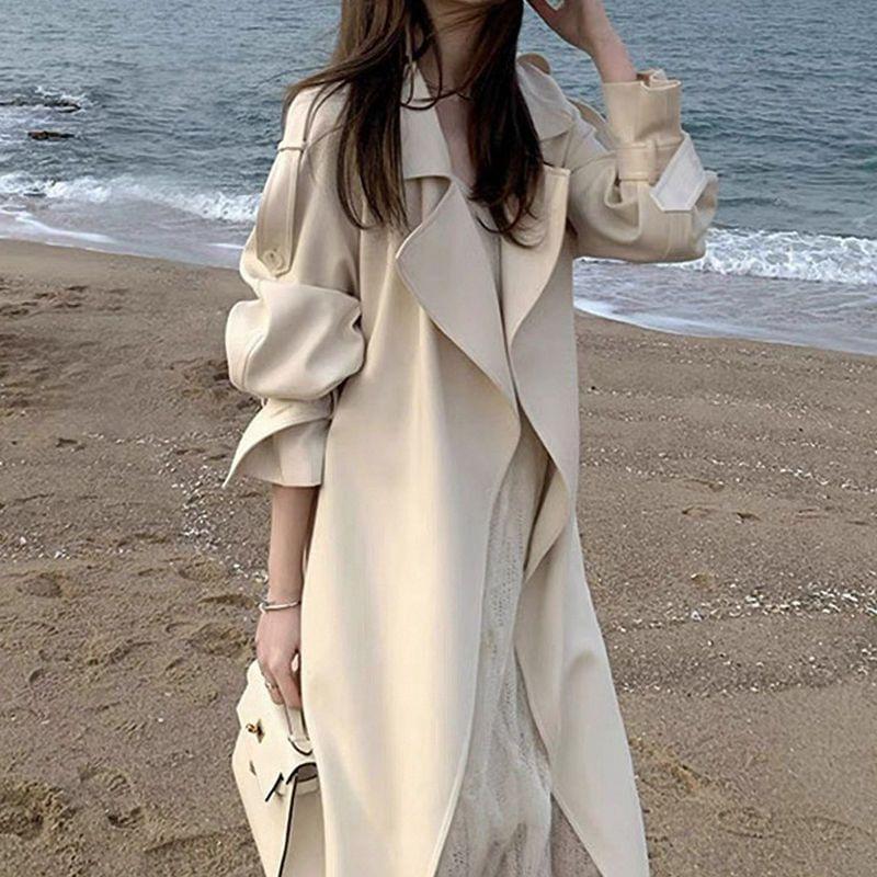 Collared Plain Midi Tie Front Trench Coat Product Image