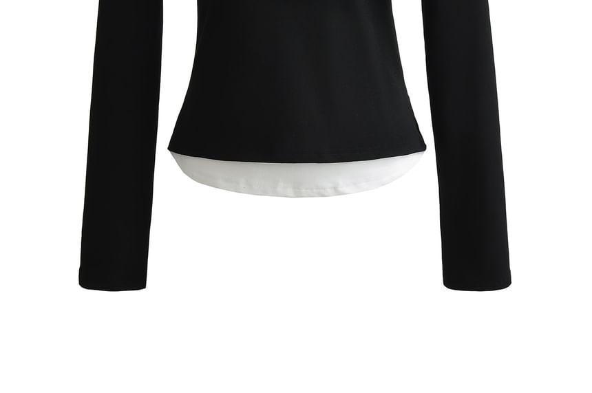 Long Sleeve Round Neck Two Tone Crop Tee Product Image