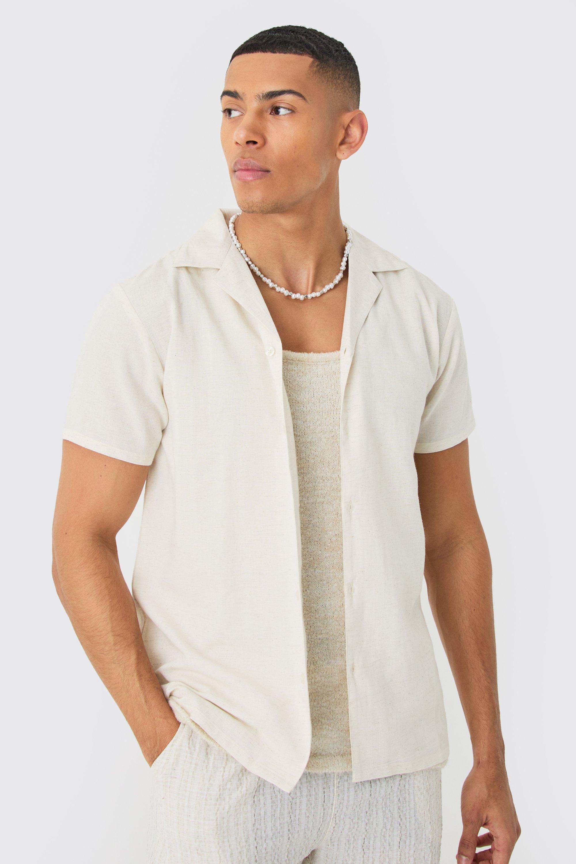 Mens Beige Short Sleeve Linen Shirt, Beige Product Image