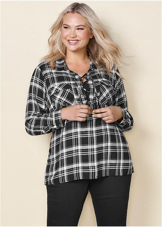 Plaid Lace-Up Top Product Image