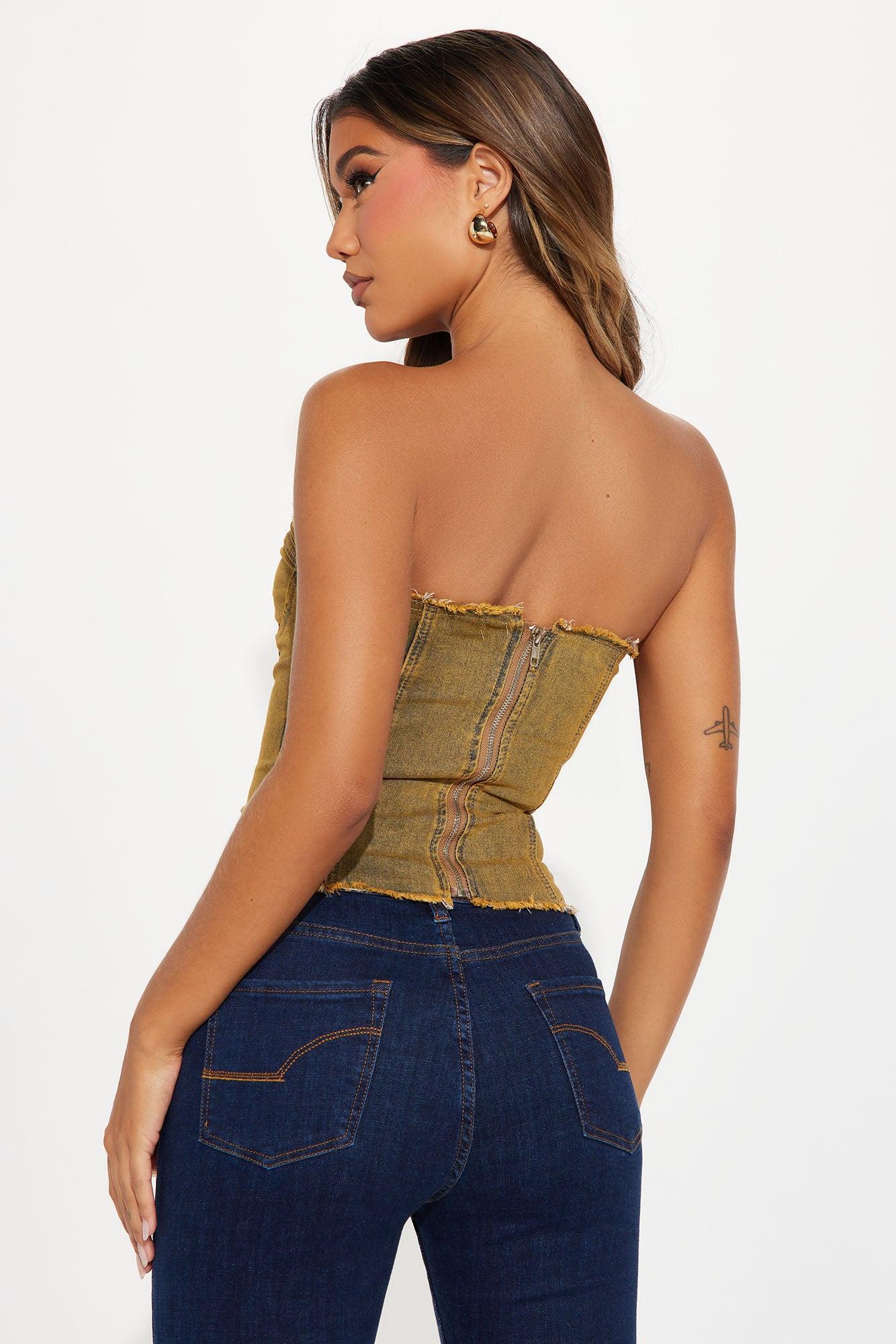 Doing It All Washed Denim Corset Top - Brown/combo Product Image