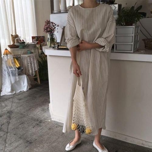 Long-Sleeve Striped Tie-Front Midi A-Line Dress Product Image