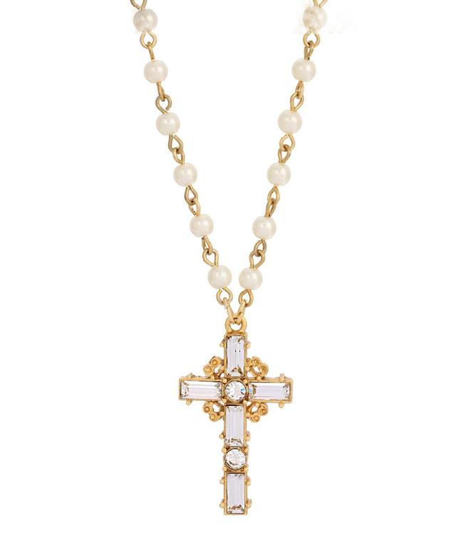 14K Gold Dipped Crystal Cross Imitation Pearl Chain Necklace Product Image