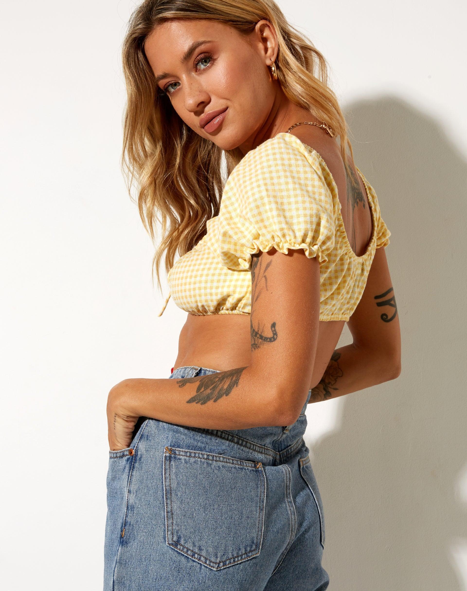 Haenji Crop Top in Lemon Gingham Yellow Product Image