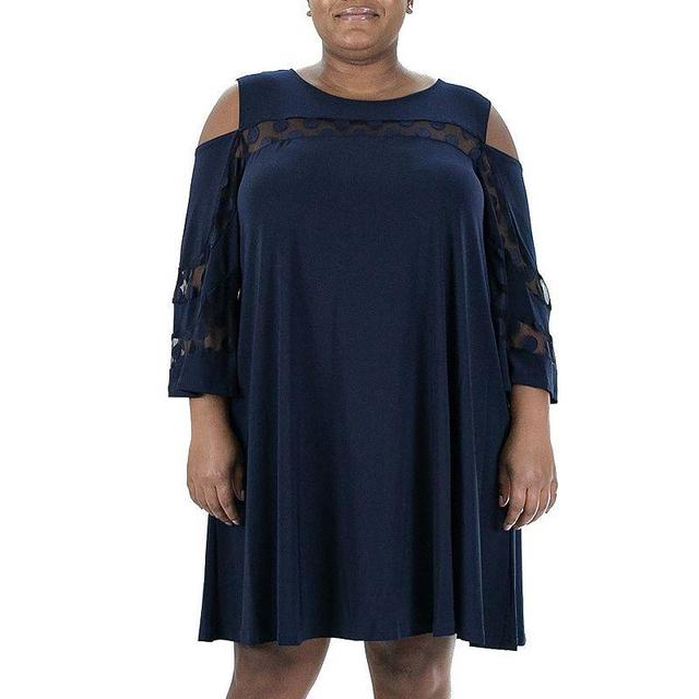 Plus Size Nina Leonard Mesh Yoke Cold-Shoulder Swing Dress, Womens Blue Product Image