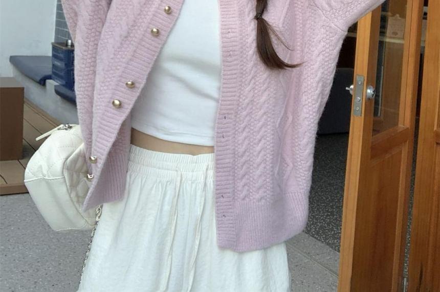 Crew Neck Plain Cable Knit Button-Up Cardigan Product Image