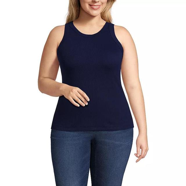 Plus Size Lands End Ribbed Crewneck Tank Top, Womens Deep Blue Product Image