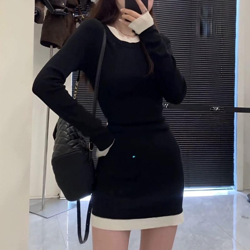 Long-Sleeve Crewneck Two Tone Knit Mini Bodycon Dress Product Image