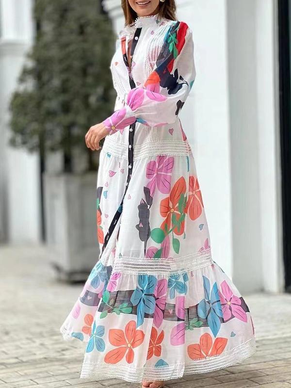 Long Sleeves Belted Buckle Flower Print Lace-Up Split-Joint High-Neck Maxi Dresses Product Image