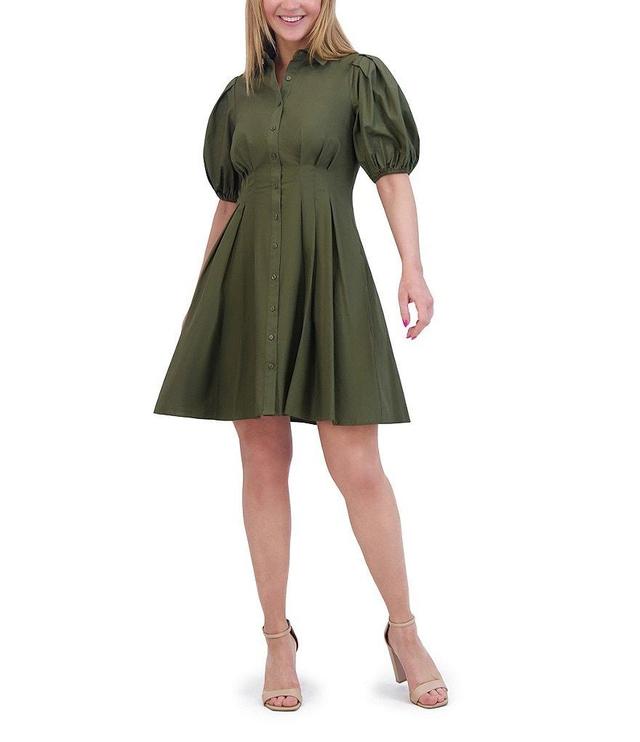 Eliza J Collared Short Puff Sleeve Pleated Button Front Mini Shirt Dress Product Image