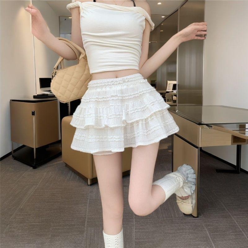 Balletcore High Waist Plain Tiered Mini A-Line Skirt Product Image