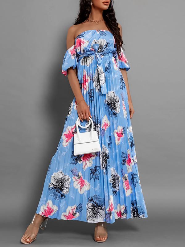 A-Line Loose Elasticity Flower Print Pleated Split-Joint Tied Waist Off-The-Shoulder Maxi Dresses Product Image