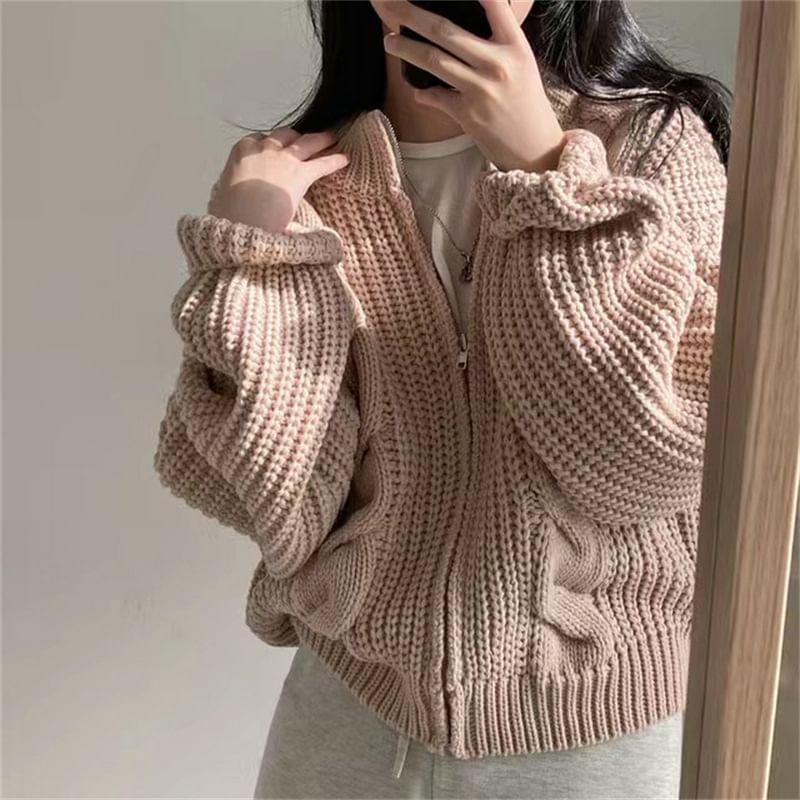 Round Neck Plain Cable Knit Zip Cardigan Product Image