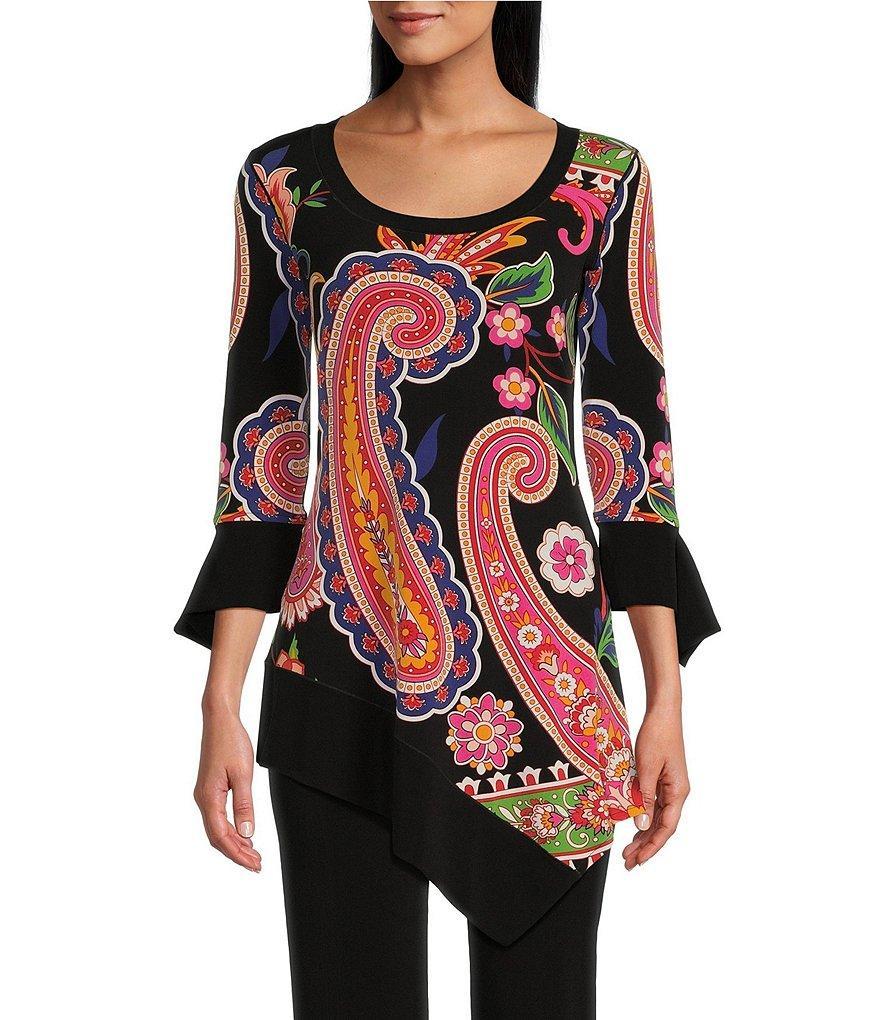 Eva Varro Knit Jersey Abstract Tropical Flower Print Boat Neck 3/4 Sleeve Savannah Tunic Product Image