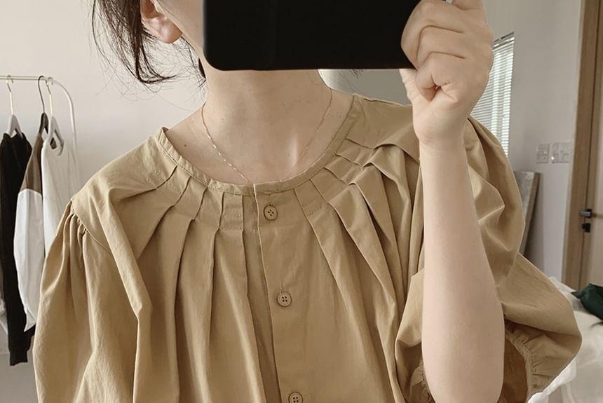 Puff-Sleeve Crew Neck Plain Blouse Product Image