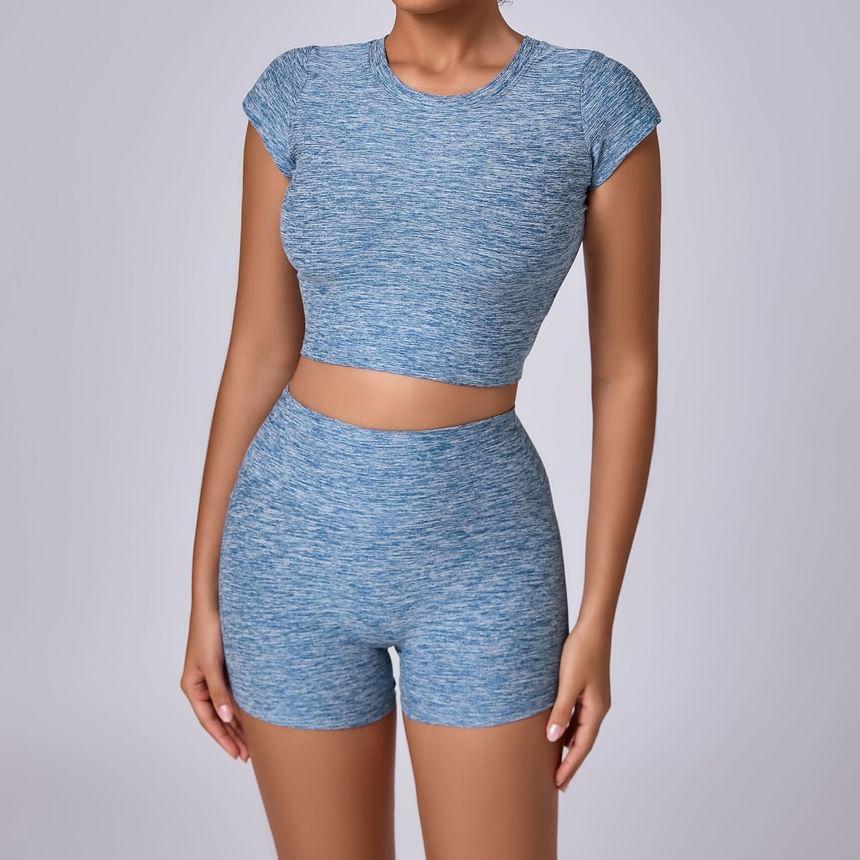 Set: Long-Sleeve Crew Neck Melange Crop Sports Top + High Waist Biker Shorts Product Image