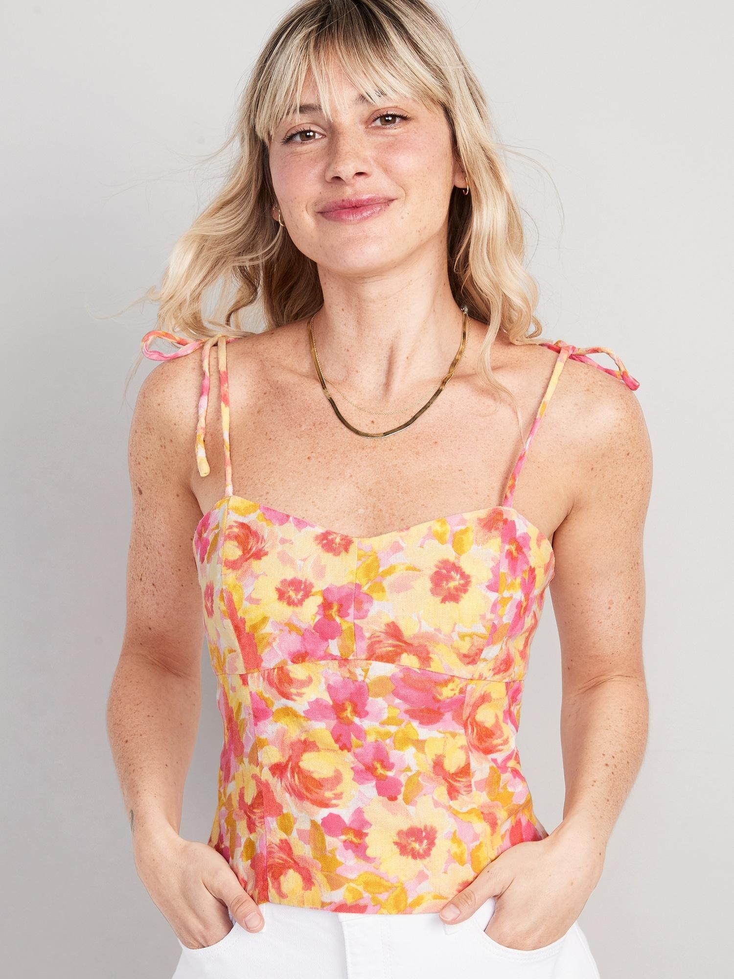 Old Navy Fitted Linen-Blend Tie-Shoulder Cropped Cami Top for Women - Pink Floral - female - Size: 4X Product Image