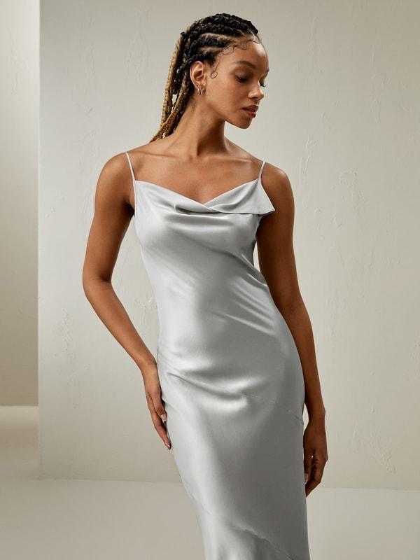 Cowl Neck Oblique-layered Silk Dress Product Image