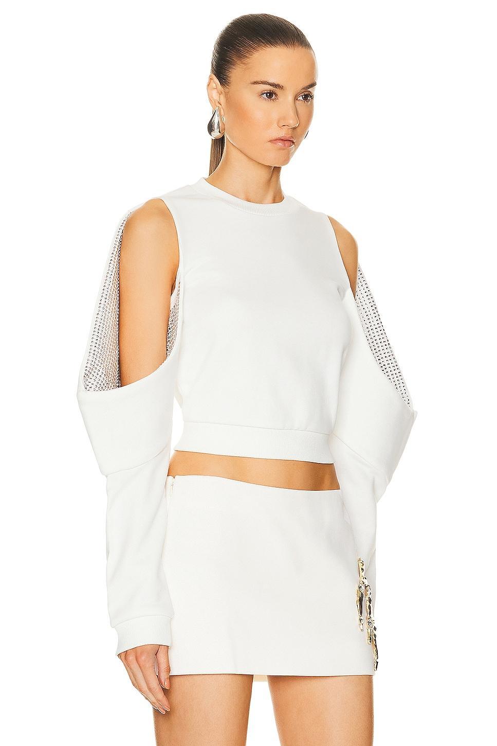 AREA Crystal Embellished Cold Shoulder Sweatshirt in White Product Image