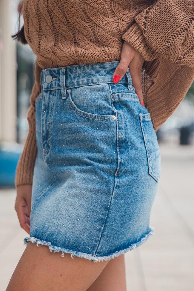 Kelsea Rhinestone Embellished Medium Wash Denim Skirt Product Image