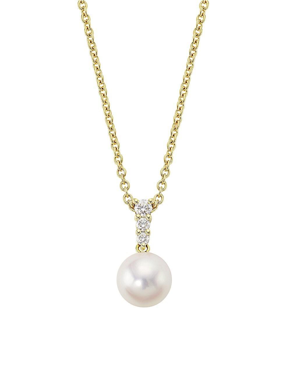 Womens Morning Dew 18K Yellow Gold, 8MM White Cultured Pearl & Diamond Pendant Necklace Product Image