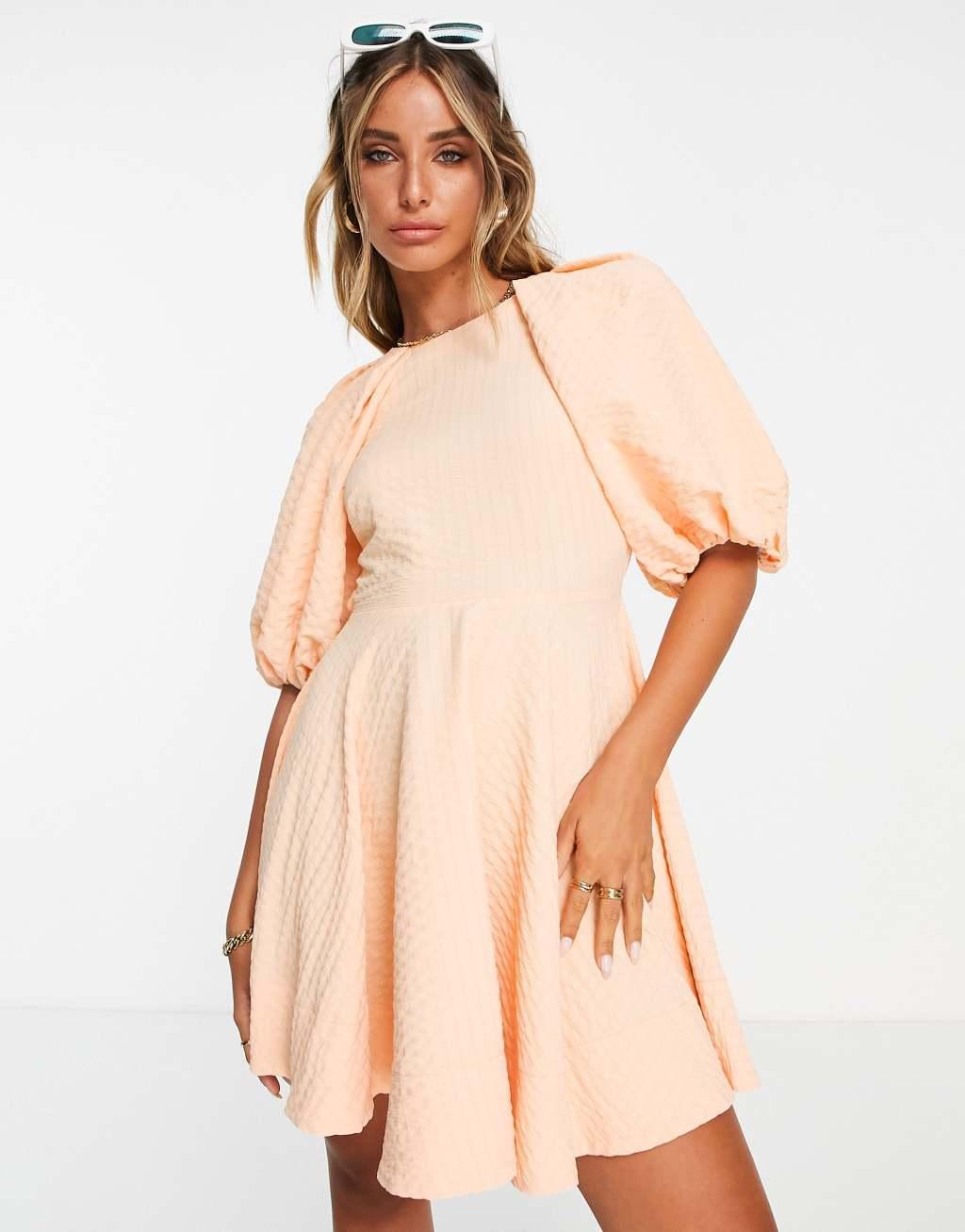 ASOS DESIGN open back puff sleeve mini dress in apricot texture Product Image