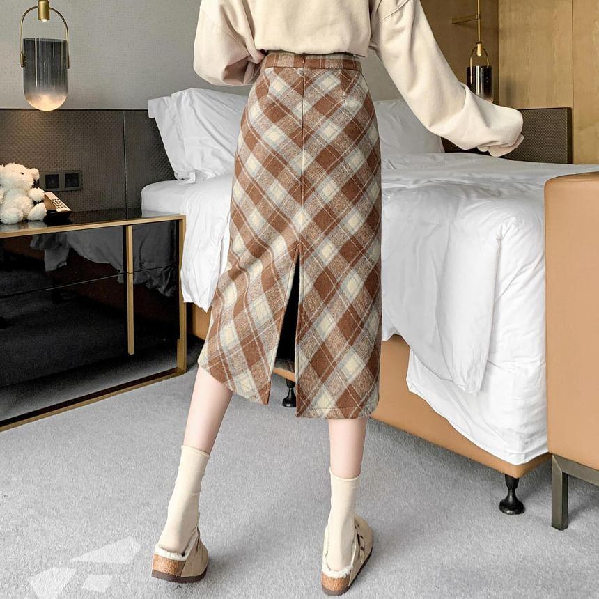 High Waist Plaid Midi A-Line Skirt Product Image