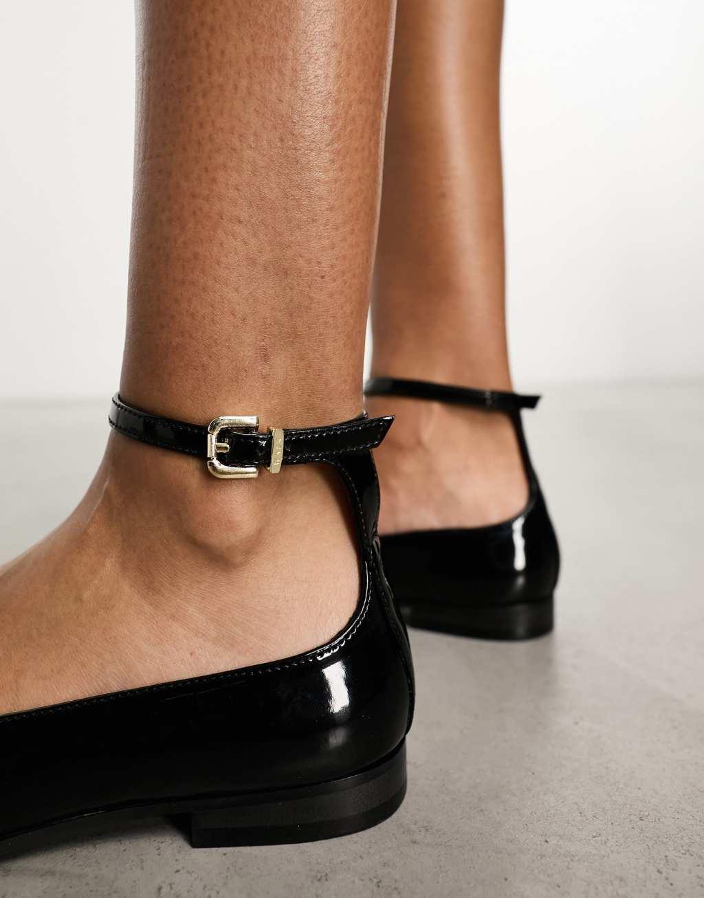 Walk London Bella ankle strap ballerina flat in black leather Product Image