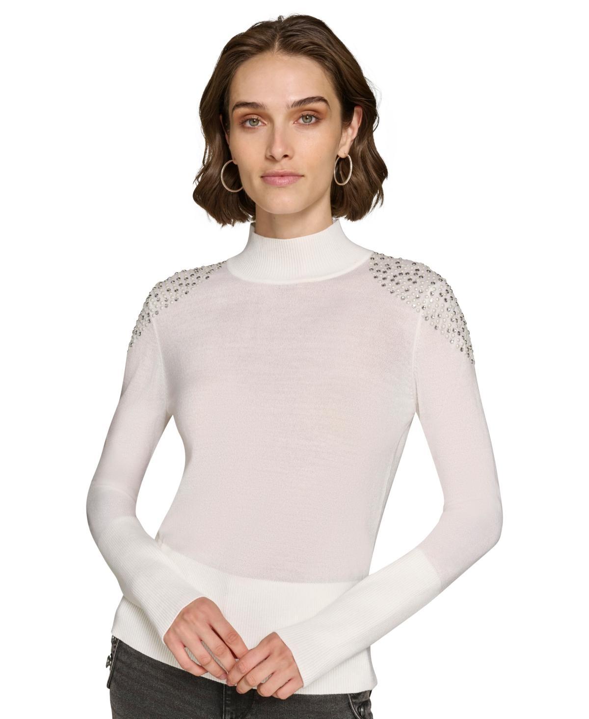 Karl Lagerfeld Paris Womens Embellished-Shoulder Mock Neck Sweater Product Image