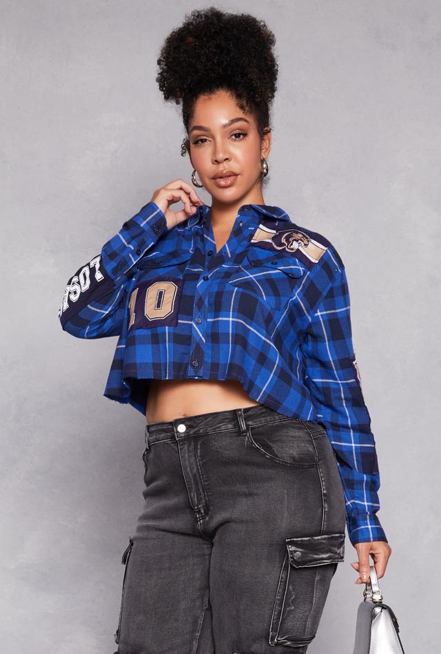 Womens Plus Size Spoon Jeans Graphic Patch Plaid Cropped Shirt Product Image