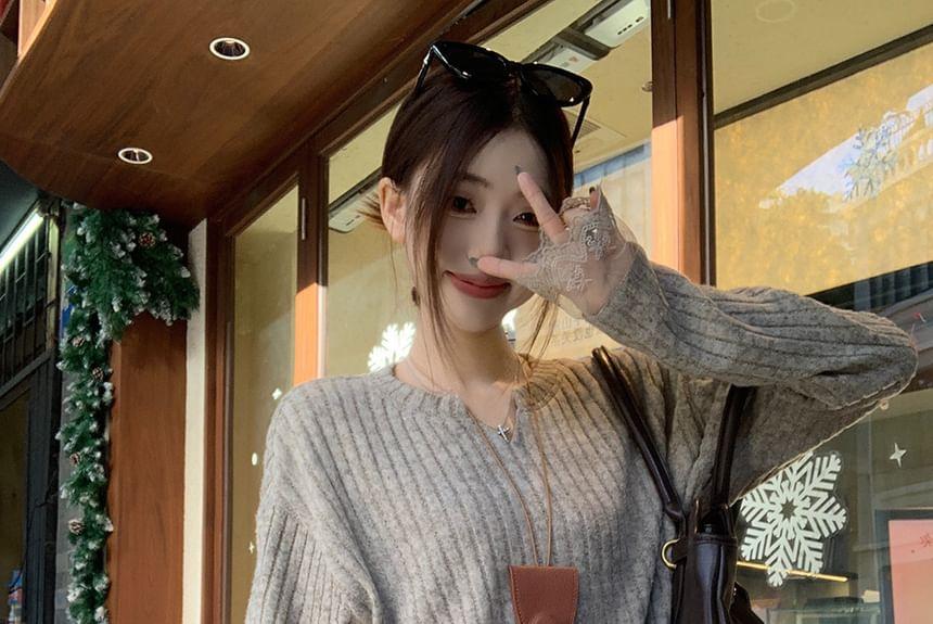 V-Neck Lace Trim Ribbed Knit Oversized Sweater Product Image