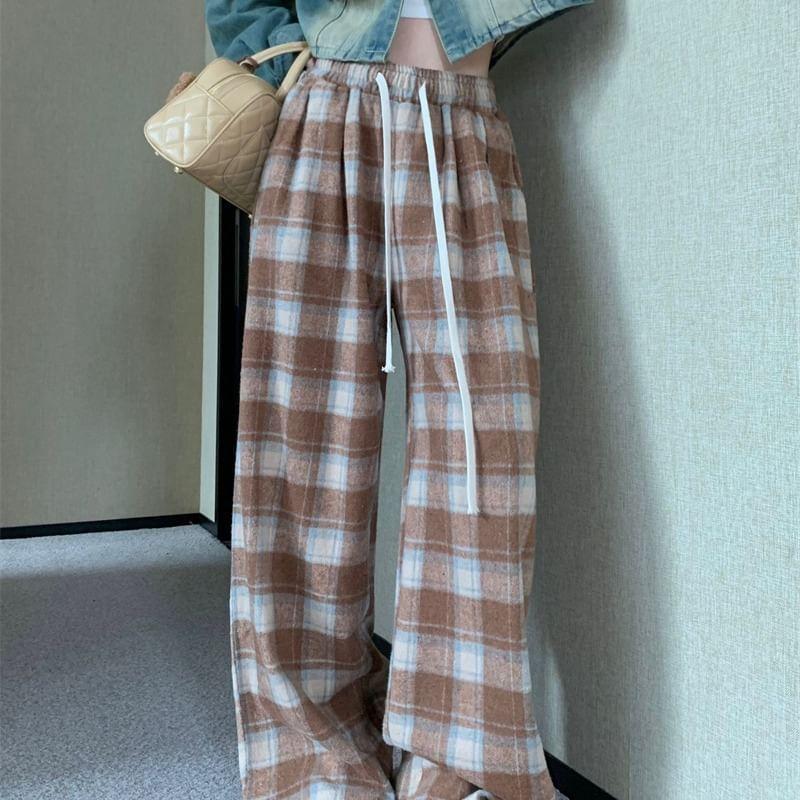 Drawstring Waist Plaid Wide Leg Pants Product Image