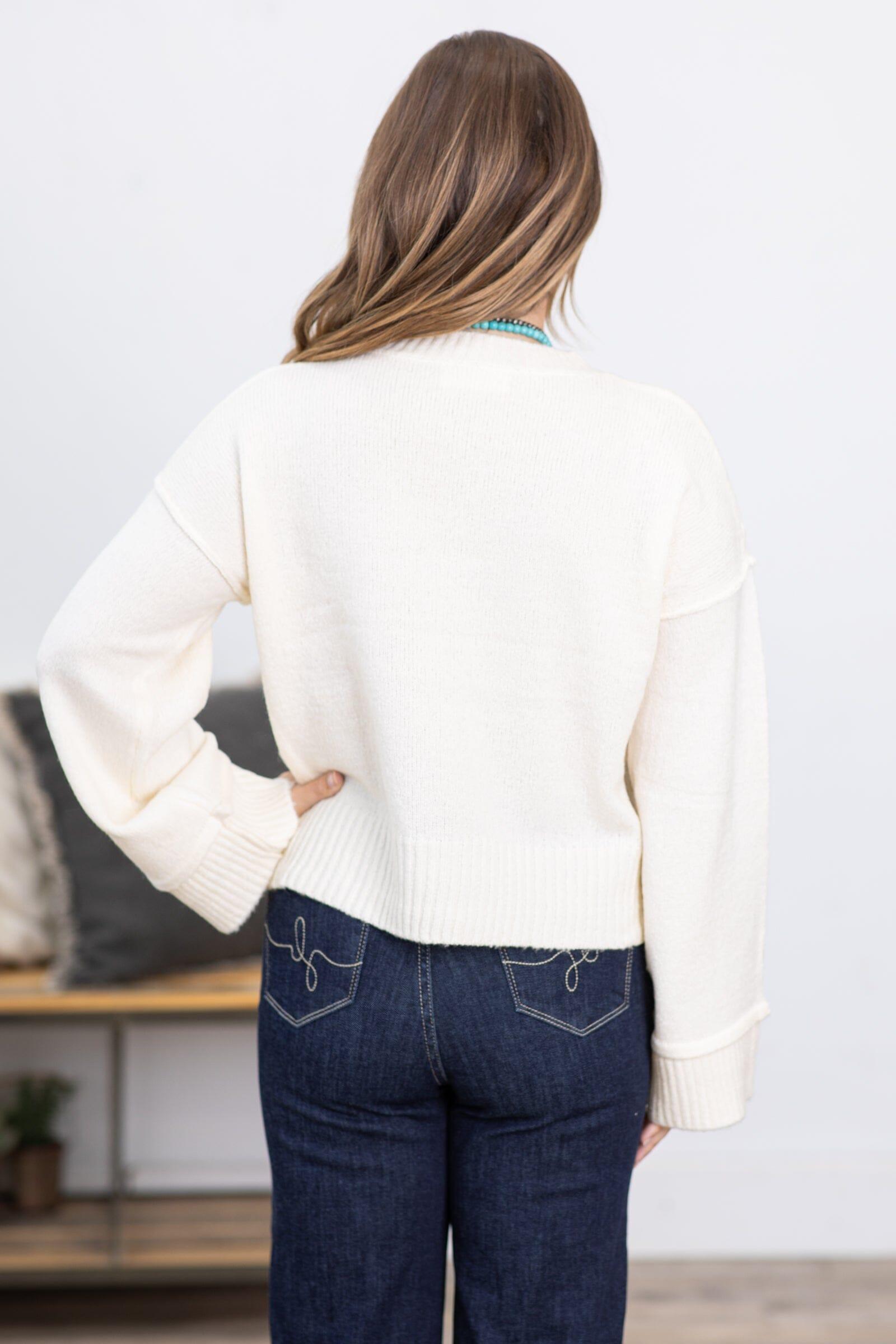 Ivory Ribbed Trim Crew Neck Sweater Product Image