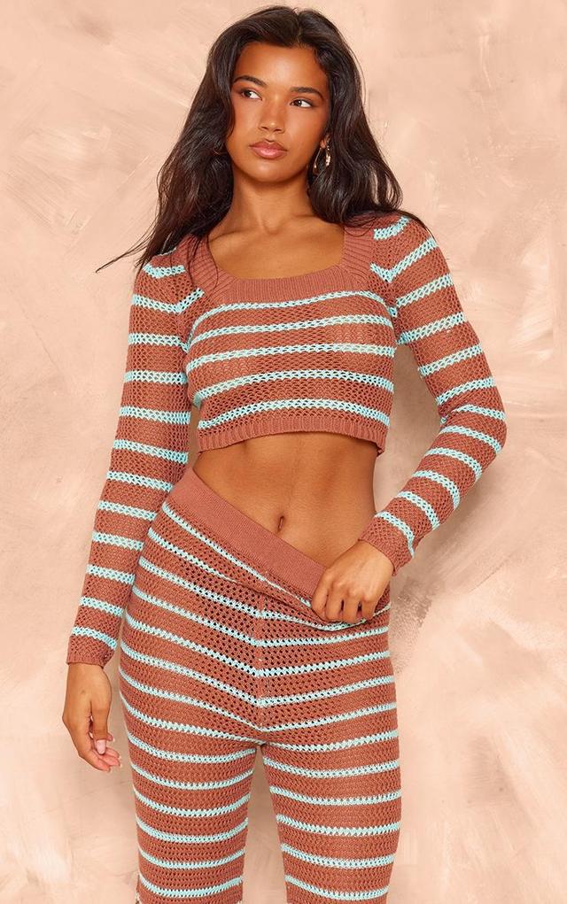 Mocha Stripe Crochet Knit Square Neck Long Sleeve Top Product Image